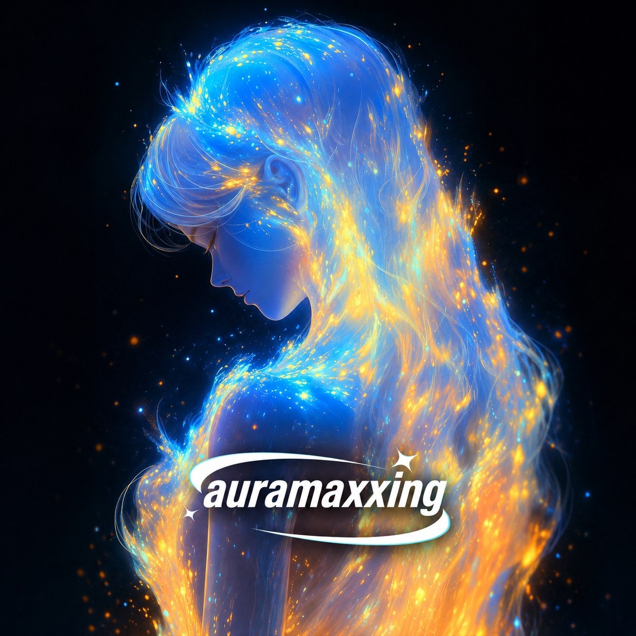 Blue and gold luminous figure with glowing hair